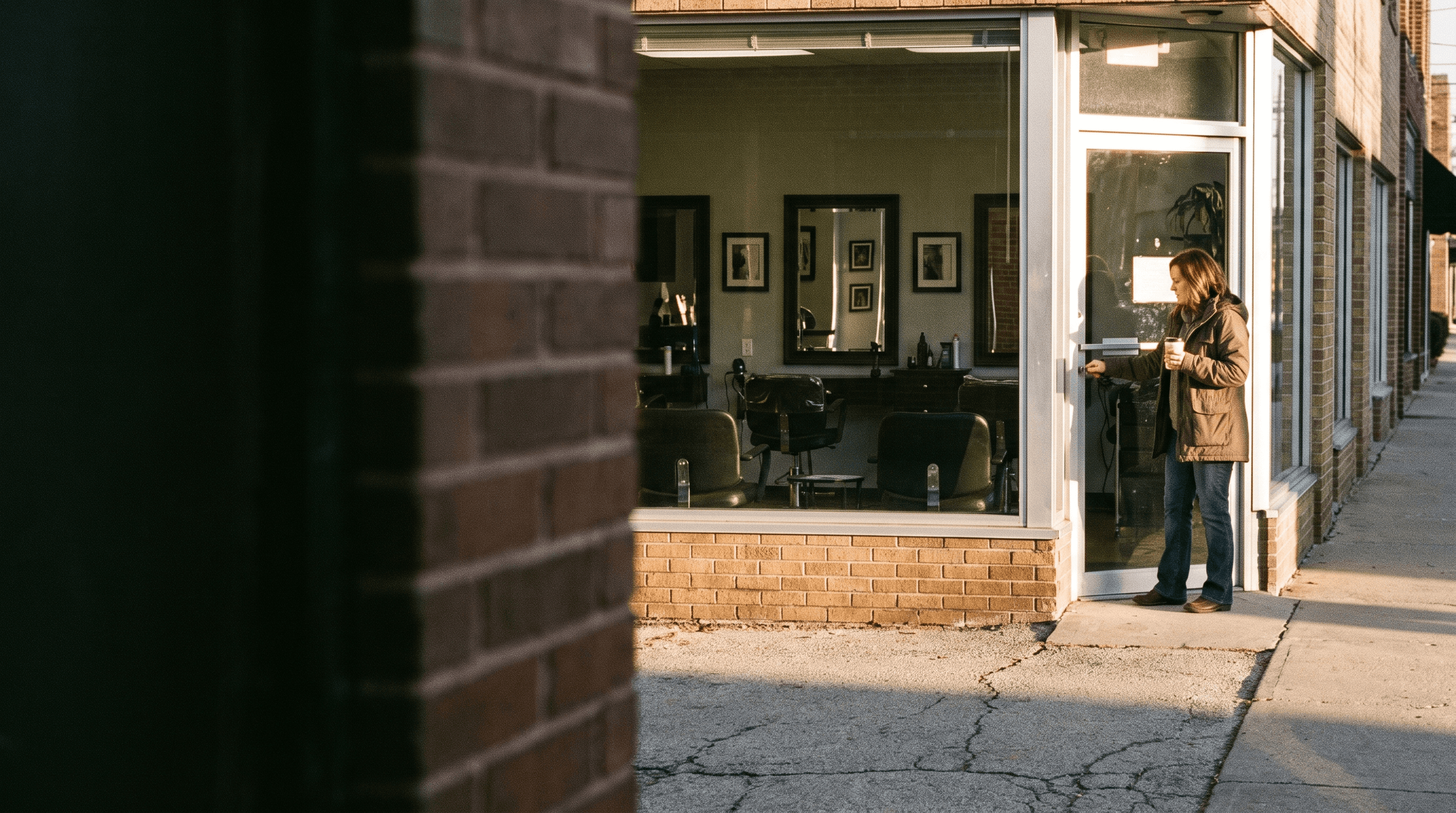 Salon owner opening the door in the morning
