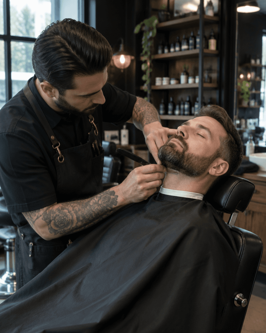 A barber shaping a client's beard in a premium barbershop