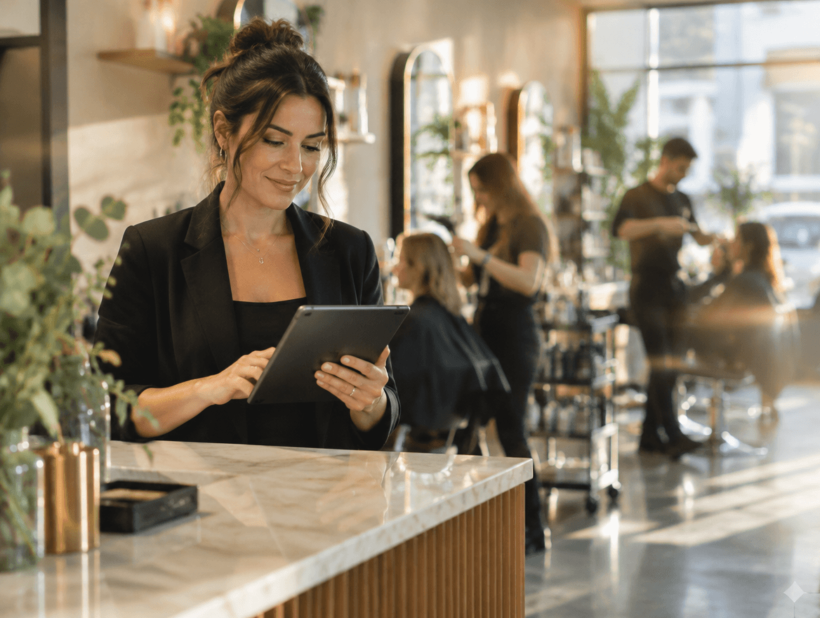 A salon owner checking the day's bookings on a tablet at the front desk